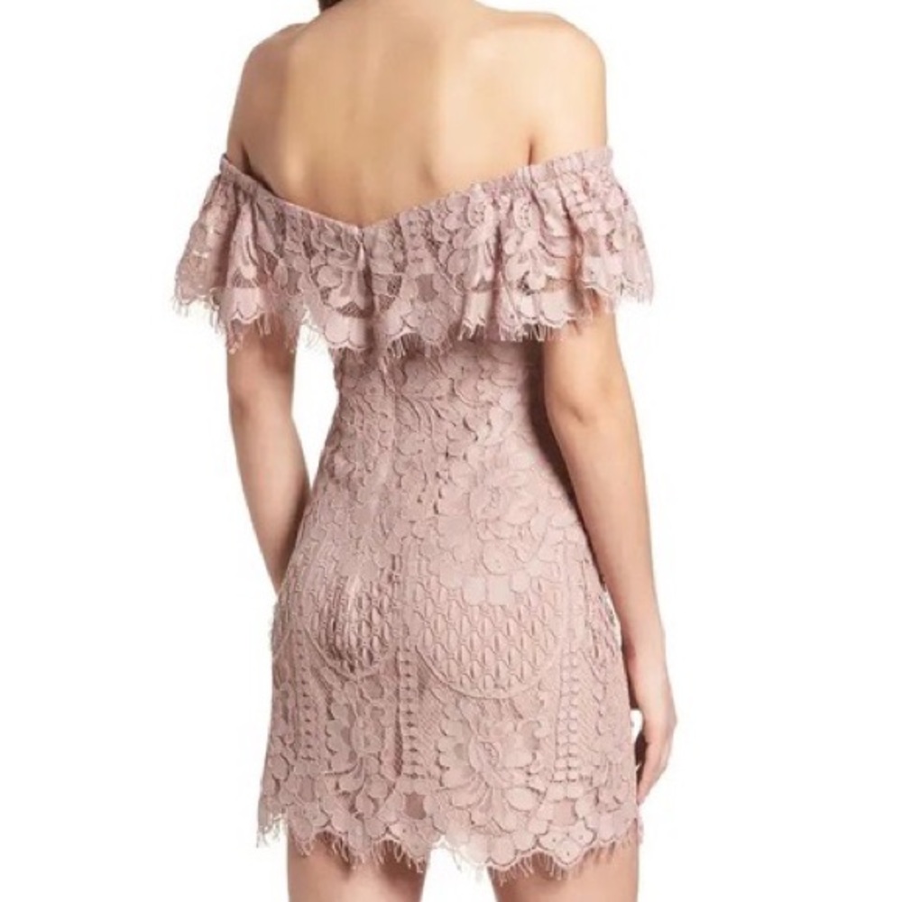 Wayf Mauve Lace Off-The-Shoulder Mini Dress